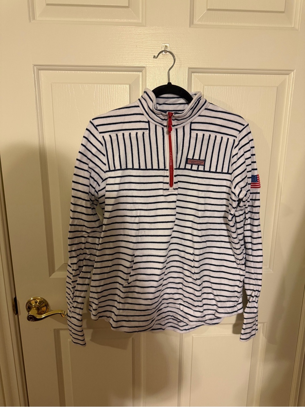 Vineyard Vines White and Navy Striped Quarter-Zip Pullover with Red Accents